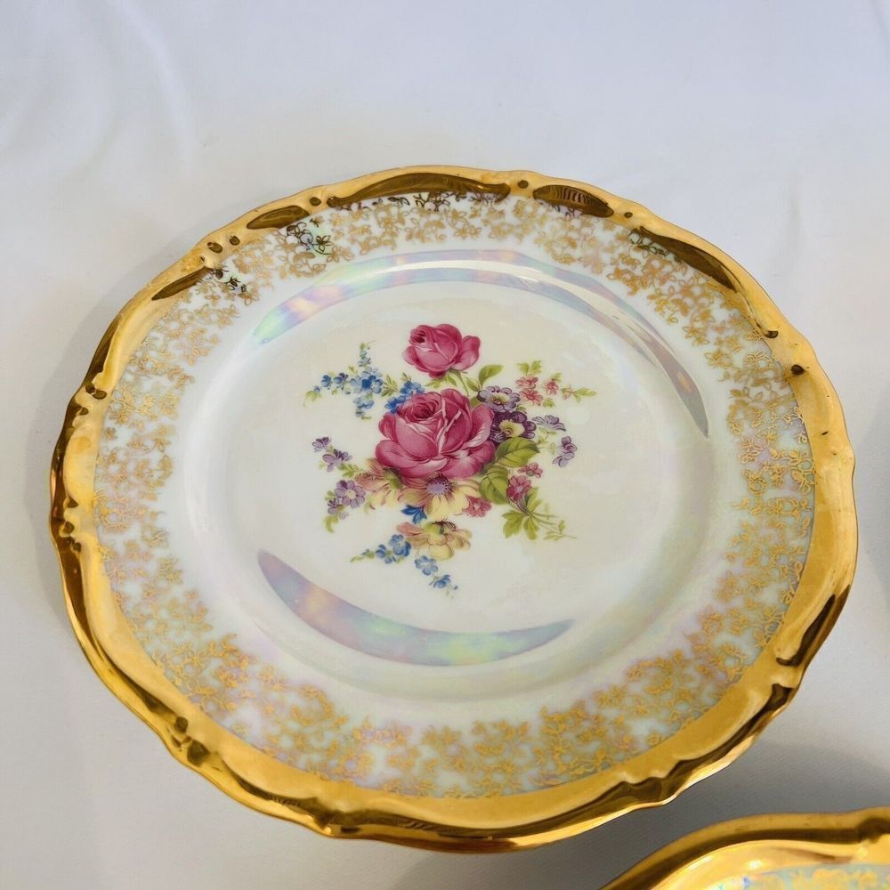 3 Antique Bavaria Heavily Gold Gild Luster Dessert Plates Pink Roses Flowers - Picture 5 of 9